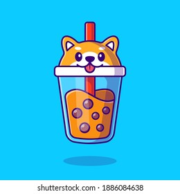 Cute Shiba Inu Milk Tea Boba Cartoon Vector Icon Illustration. Animal Drink Icon Concept Isolated Premium Vector. Flat Cartoon Style