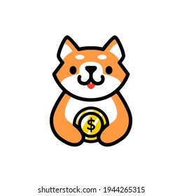 cute shiba inu money coin dog cartoon logo vector icon illustration