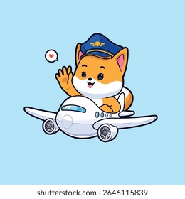 Bonito Shiba inu piloto voando um vetor mascote de avião logotipo. Ilustração do conceito do ícone de transporte animal.