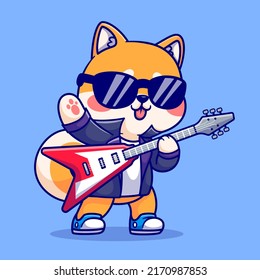 Cute Shiba Inu Jugando Ilustración De Icono De Vector De Guitarra Eléctrica. Vector Premium Aislado De Concepto De Icono De Música Animal. Estilo de dibujo plano