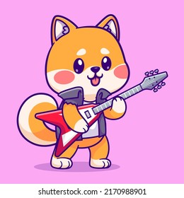 Cute Shiba Inu Playing Electric Guitar Cartoon Vector Icon Illustration. Animal Music Icon Concept Isolated Premium Vector. Flat Cartoon Style