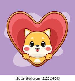Cute Shiba Inu Pop up from Heart Shape Cartoon Vector Icon Illustration. Animal Nature Icon Concept Isolated Premium Vector. Flat Cartoon Style