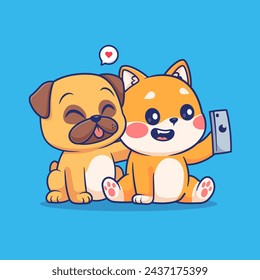 Cute Shiba Inu And Pug Dog Selfie With Phone Cartoon Vector Icon Illustration. Animal Technology Icon Concept Isolated Premium Vector. Flat Cartoon Style