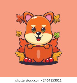 Lindo shiba inu en una calabaza en la temporada de otoño. Ilustración vectorial de dibujos animados de la mascota conveniente para el póster, folleto, Web, mascota, etiqueta engomada, logotipo e icono.