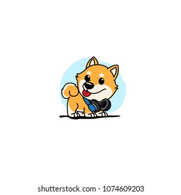 Cute shiba inu puppy with blue headphones on neck  icon, logo design, vector illustration