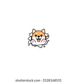 Cute shiba inu puppy break through the paper cartoon, vector illustration