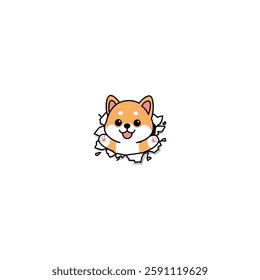 Cute shiba inu puppy break through the paper cartoon, vector illustration