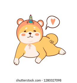 Cute Shiba Inu puppy with hat and unicorn horh. Hand drawn vector illustration