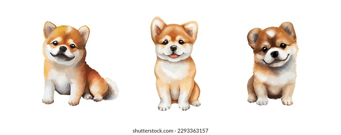 Cute Shiba Inu Puppy Watercolor isolated on white background. Lovely dog animal drawing graphic design. Pet portrait vector illustration