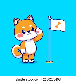 Cute Shiba Inu Respect Bone Flag Cartoon Vector Icon Illustration. Animal Nature Icon Concept Isolated Premium Vector. Flat Cartoon Style