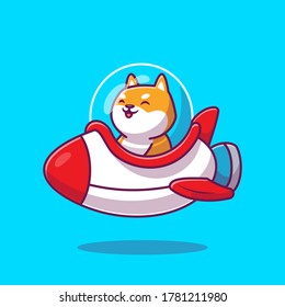 Cute Shiba Inu Riding Rocket.  Cartoon Vector Icon Illustration. Animal Transportation Icon Concept Isolated Premium Vector. Flat Cartoon Style