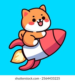 cute shiba inu riding rocket flat color cartoon character vector illustration template design