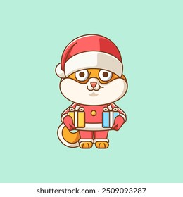 Cute shiba inu santa claus hold gift animal kawaii chibi character mascot illustration outline style design set