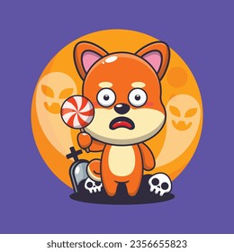 Cute shiba inu asustado por un fantasma en el día de halloween. Ilustración de dibujos animados de Halloween. 