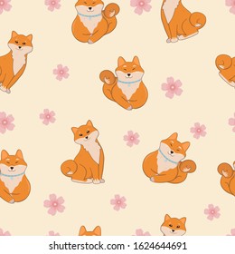 Cute shiba inu seamless pattern with sakura flowers. Cute japanese dog. Vector illustration for textile, fabric, wallpaper.