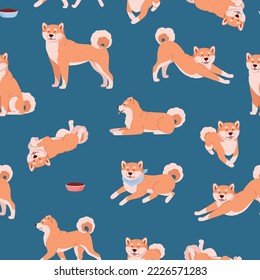 Cute shiba in nahtloses Muster, Cartoon flache Vektorgrafik. Hund in verschiedenen Posen - Liegen, Gehen, Stretchen und Essen. Cartoon Tier der japanischen Hunderasse. Tierklinik-Design.