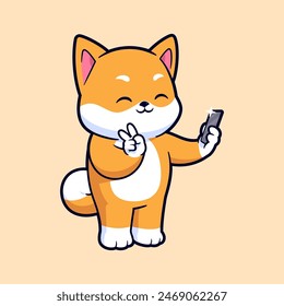 Lindo shiba inu selfie con el teléfono de dibujos animados ilustración del Vector. Mascota de logotipo de dibujos animados de estilo plano