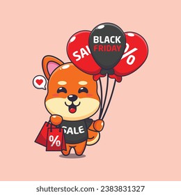 cute shiba inu with shopping bag and balloon at black friday sale cartoon vector illustration