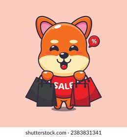 cute shiba inu with shopping bag in black friday sale cartoon vector illustration