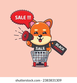 cute shiba inu in shopping cart is promoting black friday sale with megaphone cartoon vector illustration