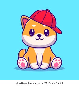 Cute Shiba Inu Sitting With Hat Cartoon Vector Icon Illustration. Animal Nature Icon Concept Isolated Premium Vector. Flat Cartoon Style