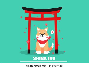 cute shiba inu sitting in torii gate cartoon vector.