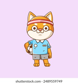 Cute shiba inu soccer player animal kawaii chibi character mascot illustration outline style design set