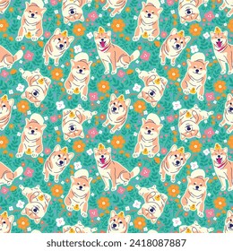 CUTE SHIBA INU IN SOME VARIOUS POSE WITH FLORAL SEAMLESS PATTERN