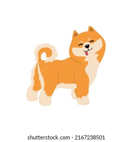 Cute shiba inu standing. Japanese dog. Happy smiling animal for kids. Hand drawn colored vector illustration isolated on white background. Modern trendy flat cartoon style.