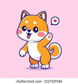 Cute Shiba Inu Standing And Waving Hand Cartoon Vector Icon Illustration. Animal Nature Icon Concept Isolated Premium Vector. Flat Cartoon Style