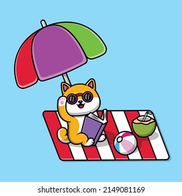 Cute Shiba Inu Summer Vacation Cartoon Vector Icon Illustration. Animal Holiday Icon Concept Isolated Premium Vector.