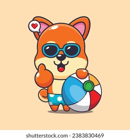Cute shiba inu in sunglasses with beach ball cartoon illustration. Cute summer cartoon illustration. 