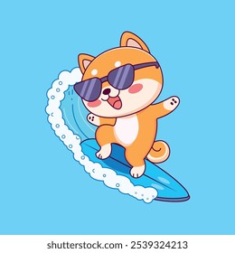 Cute Shiba Inu Surfing On Sea Cartoon Vector Icon Illustration. 