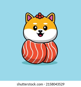 Cute Shiba Inu Sushi Salmon Cartoon Vector Icon Illustration. Animal Food Icon Concept Isolated Premium Vector.