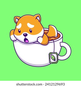 Cute Shiba Inu In a Tea Cup Cartoon Vector Icons Illustration. Flat Cartoon Concept. Suitable for any creative project.