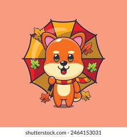 Lindo shiba inu con paraguas en la temporada de otoño. Ilustración vectorial de dibujos animados de la mascota conveniente para el póster, folleto, Web, mascota, etiqueta engomada, logotipo e icono.