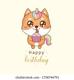 cute shiba inu unicorn holding a cupcake for happy birthday.dog cartoon hand drawn.