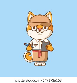 Cute shiba inu waiter animal kawaii chibi character mascot illustration outline style design set