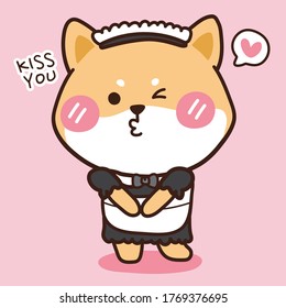 Cute shiba inu wear maid costume in cartoon.Japanese dog and cloth. Animal character design. Kiss you text.