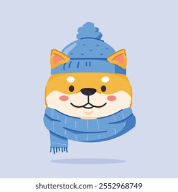 cute shiba inu wearing christmas hat and scarf, cute christmas icon in animal shape, suitable for poster and web icon