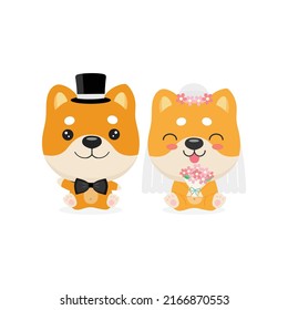 cute Shiba inu wearing costumes of bride and groom vector illustration.