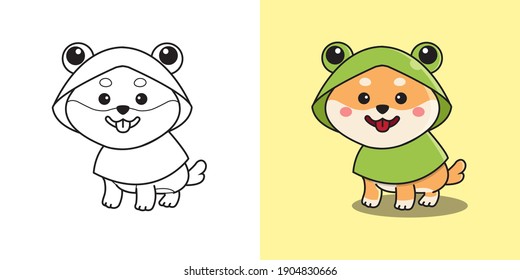 Cute shiba inu wearing frog costume raincoat. Children coloring page. Flat style cartoon vector design.