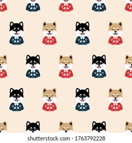 Cute shiba inu wearing kimono. Dog cartoon icon, seamless vector illustration on pink pastel