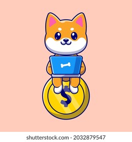 Cute Shiba Inu Working With Laptop On Gold Coin Cartoon Vector Icon Illustration. Animal Business Icon Concept Isolated Premium Vector. Flat Cartoon Style