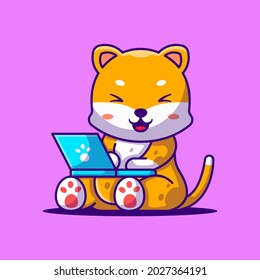 Cute Shiba with Laptop Cartoon Illustration. Animal Flat cartoon Style Concept