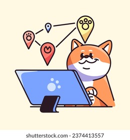 Cute Shiba makes rout concept. Funny dog planning travel, happy puppy mark position on trip, Akita pointing of location on map, kawaii pup see geolocation, GPS. Flat isolated vector illustration