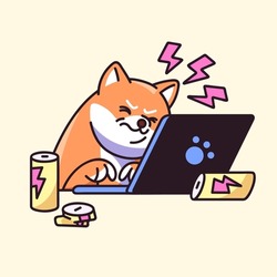 Cute Shiba Overwork On Freelance Work. Frowning Hardworking Pup. Stressed Puppy Worker At Laptop With Cans Of Energy Drink. Concept Of Expiring Deadlines. Kawaii Dog Flat Isolated Vector Illustration