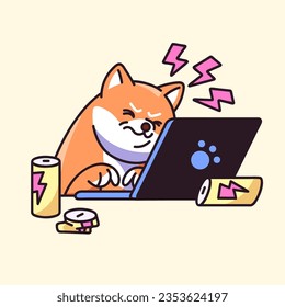 Cute Shiba overwork on freelance work. Frowning hardworking pup. Stressed puppy worker at laptop with cans of energy drink. Concept of expiring deadlines. Kawaii dog flat isolated vector illustration