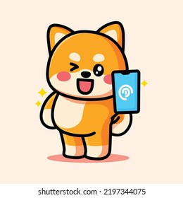 cute shiba is pointing at the phone