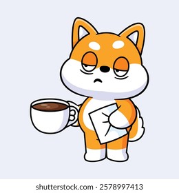 Cute Shiba is working overtime and holding a cup of coffee